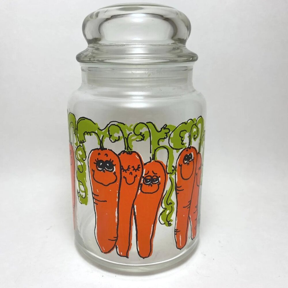 Vintage 1970s Hildi Carrots Glass Canister Jar Anchor Hocking USA